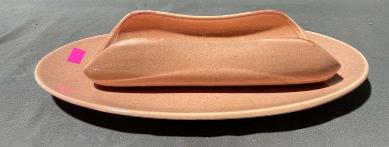 Russel Wright Steubenville Butter Dish in Salmon Pink, 10″