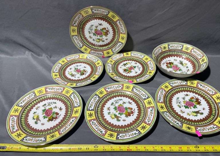 Asian Motif Porcelain Plates and Bowl with Floral and Geometric Patterns