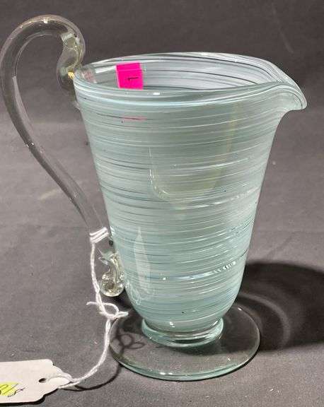 Hand-Blown Glass Pitcher with Swirled Light Blue Detailing