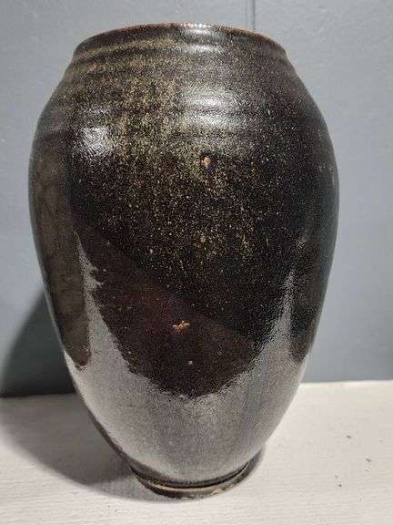 Brown Stoneware Vase with Incised Markings, 9 Inches