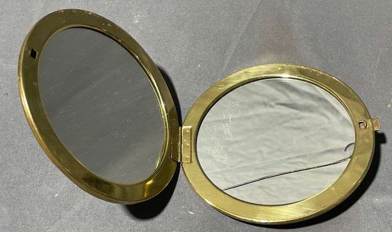 Round Brass Compact with Painted Scene and Dual Mirrors, 4″