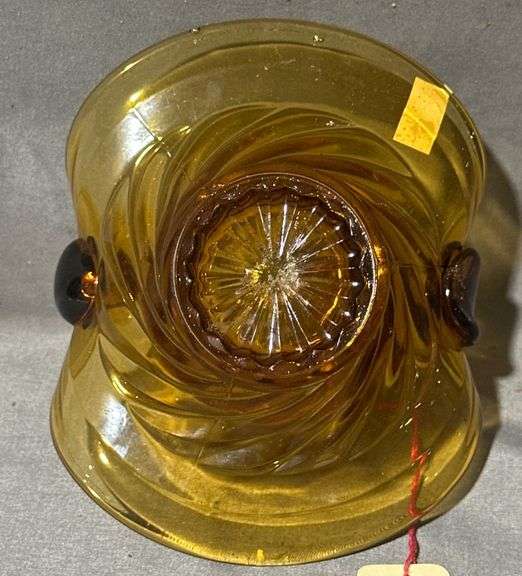 Amber Glass Basket with Swirled Base and Handle, 6x5x5″