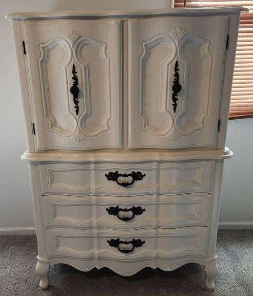 White Dresser with Upper Cabinet and Three Drawers, 40″ x 19″ x 54″