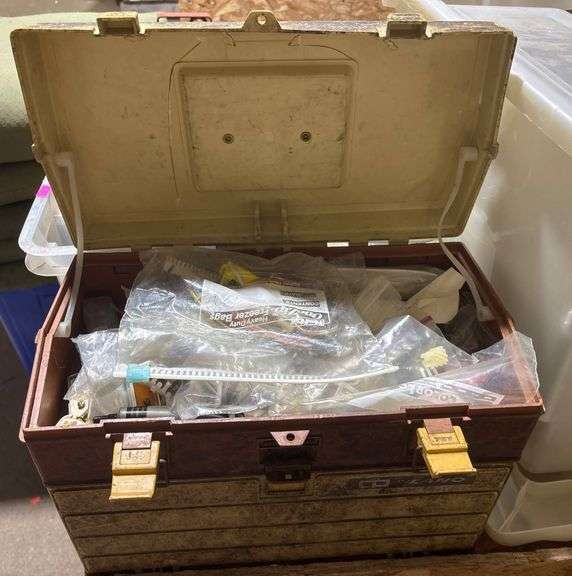 Plastic Storage Box with Mixed Contents, Including Tools and Supplies