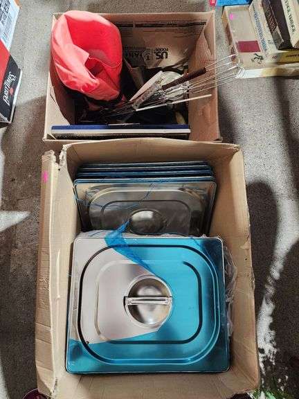 Stainless Steel Food Pans with Lids and Assorted Kitchen Items