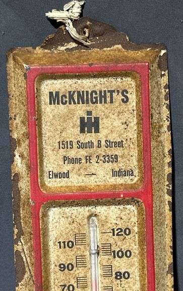 McKnight’s IH Dealership, Elwood, Indiana Thermometer with Red Frame, 4”x12”