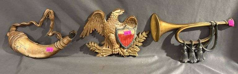 Sexton USA Cast Metal Wall Hangings: Eagle, Powder Horn, and Bugle