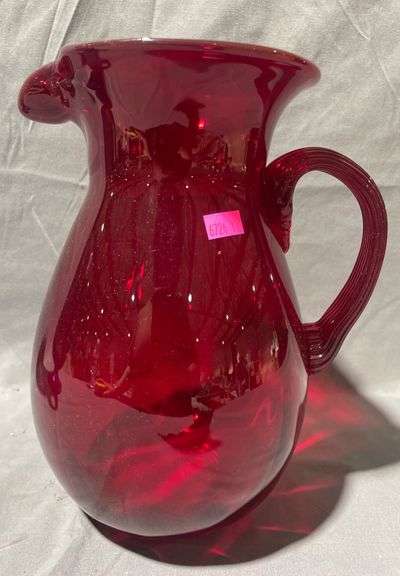 Handblown Red Glass Pitcher with Handle and Signed Base ‘Joe Deanor’, 9.5″