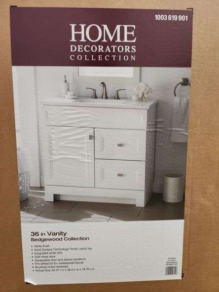Home Decorators Collection
Sedgewood 36.5 in. W x 18.75 in. D x 34.375 in. H Single Sink Bath Vanity in White with Arctic Solid Surface Top