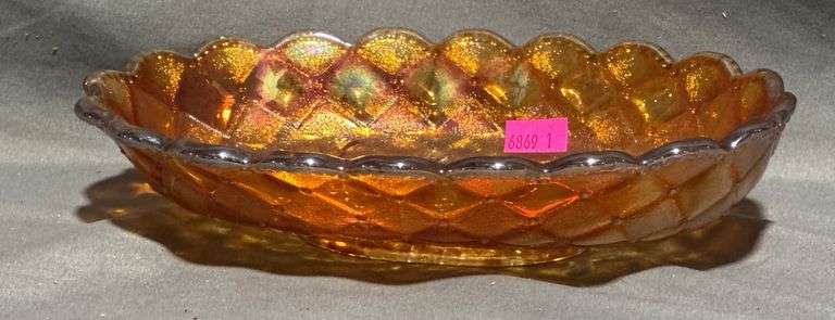 Marigold Carnival Glass Bowl with Floral Motif and Scalloped Edge