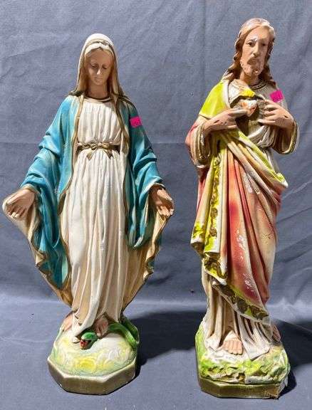 Religious Figurines Depicting Virgin Mary and Sacred Heart of Jesus chipped