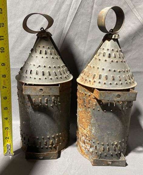 Punched Tin Candle Lanterns with Cone Tops and Hanging Rings