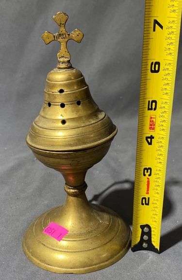 Polished Brass Incense Burner with Hinged Lid and Cross Finial