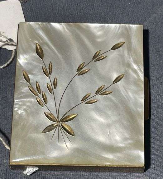 Brass and Mother-of-Pearl Compact with Leaf Design