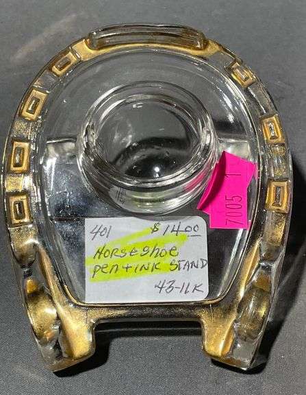 Glass Horseshoe-Shaped Pen Ink Stand With Gold-Tone Accents