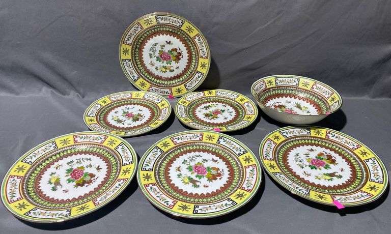 Asian Motif Porcelain Plates and Bowl with Floral and Geometric Patterns