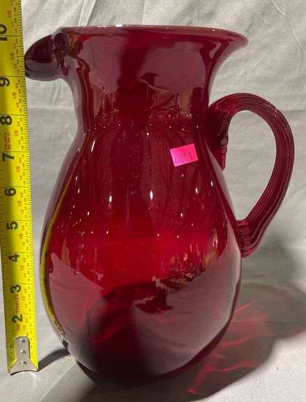 Handblown Red Glass Pitcher with Handle and Signed Base ‘Joe Deanor’, 9.5″
