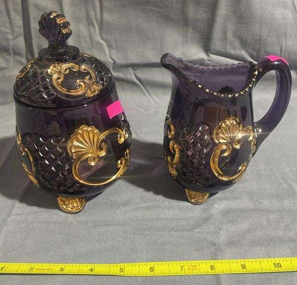 Amethyst Glass Footed Creamer and Sugar with Gold-Tone Accents, 5", 7"