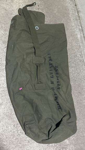Green Canvas Military Duffle Bag with Straps Marked ‘Edmund E Leistman Approx. 35″ x 20″