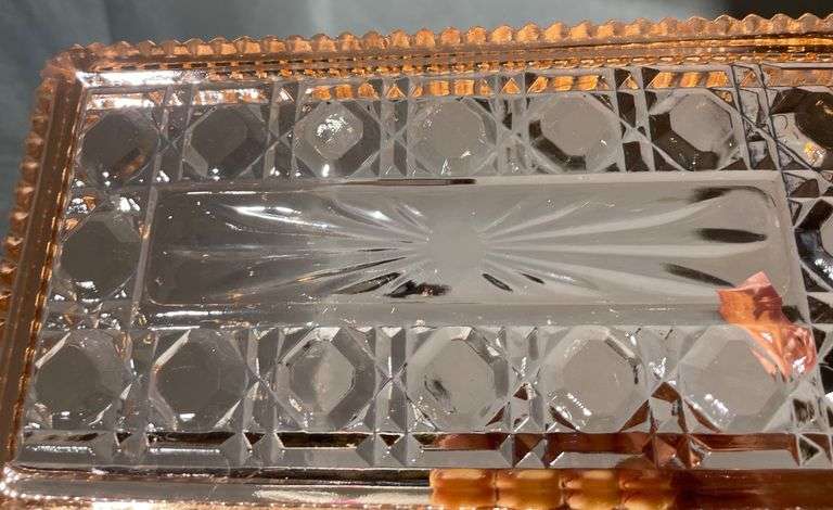 Pink Depression Glass Tray with Patterned Design, 8×4″