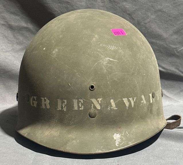 Military Helmet with Liner and Markings ‘Greenawalt’, Approx. 10.5” x 8.5” x 6.5”