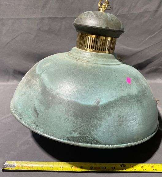Hanging Metal Pendant Light with Glass Globe and Brass-Tone Elements, 14″