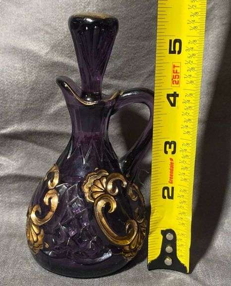 Purple Amethyst Glass Cruet with Gold-Tone Gilded Accents and Stopper, 7″
