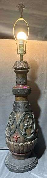 Table Lamp with Carved and Painted Base, 43” Tall