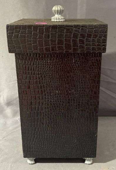 Black Textured Storage Box With Glass Knob Lid and Brass Wire Cage with Faux Nest