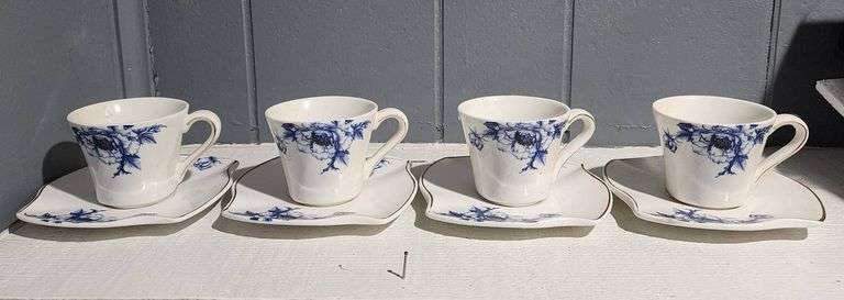 4 – Porlien Fine Porcelain Cups and Saucers with Blue Floral Design (2.5″)