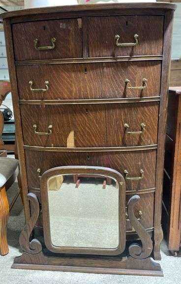 Chest of Drawers with Attached Swivel Mirror and Brass Hardware