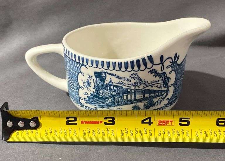 Currier & Ives Cream and Sugar with Blue Transferware Design