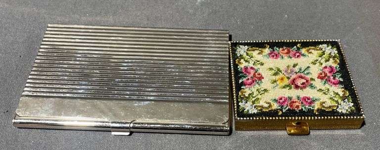 Metallic Cigarette Case and Handcrafted Petit Point Compact