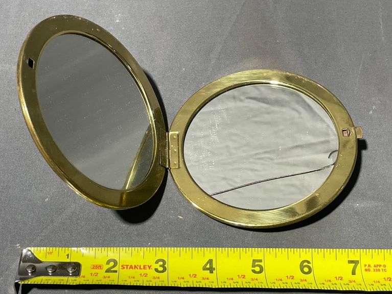 Round Brass Compact with Painted Scene and Dual Mirrors, 4″