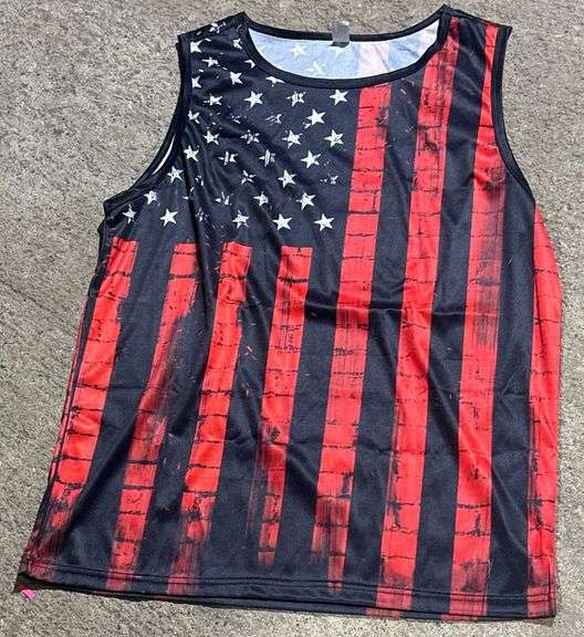 Sleeveless Polyester Shirt with American Flag Design, Size Large
