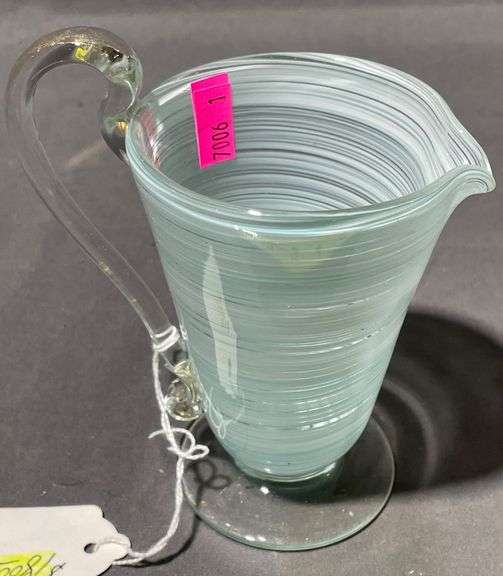 Hand-Blown Glass Pitcher with Swirled Light Blue Detailing