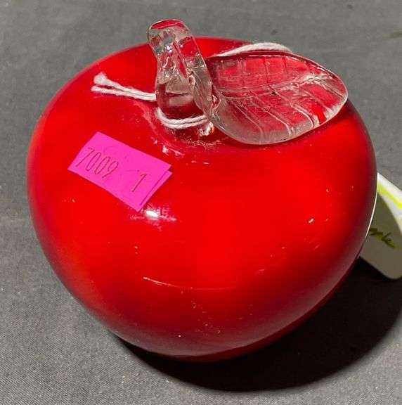 Red Glass Apple Paperweight with Clear Leaf Accent, 3″