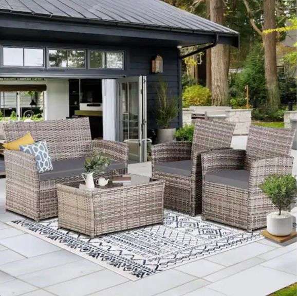 Gray 4-Piece Wicker Outdoor Patio Conversation Furniture Sofa set with Gray Cushions and Coffee Table, Apt, Porch, Yard