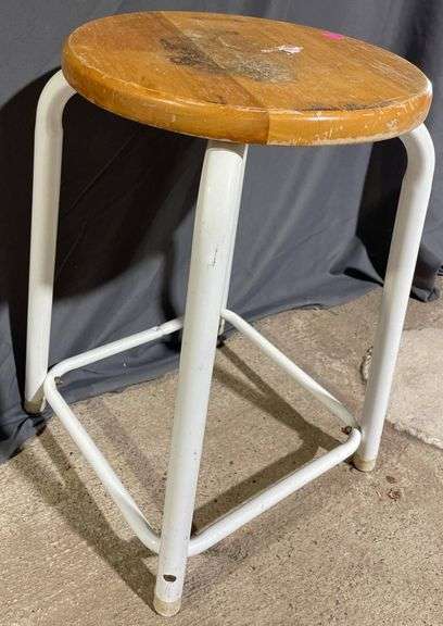 Round Stool with White Metal Frame and Wood Seat