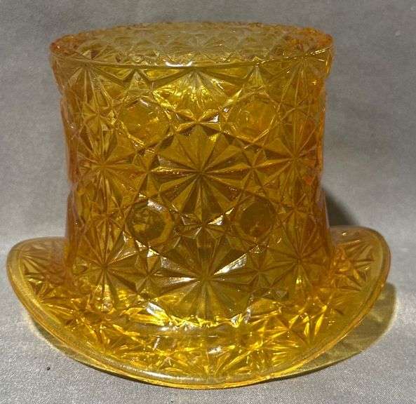 Amber-Colored Glass Top Hat Toothpick Holder with Starburst Pattern, 3” Tall