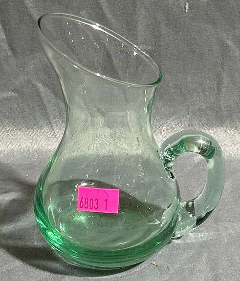 Green Glass Pitcher with Curved Handle, Approximately 4”x5”