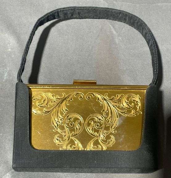 Gold-Tone Metal Compact Handbag with Black Fabric Handle