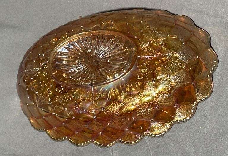 Marigold Carnival Glass Bowl with Floral Motif and Scalloped Edge