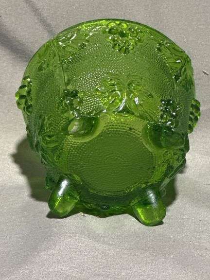 Green Pressed Glass Footed Candy Dish with Lid and Grape Design (Chip on Lid), 4×6″