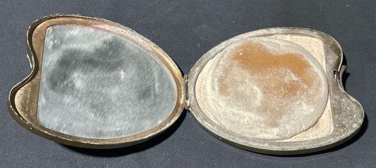 Black and Gold-Tone Shell-Shaped Compact with Mirror and Powder Puff, 3.5″