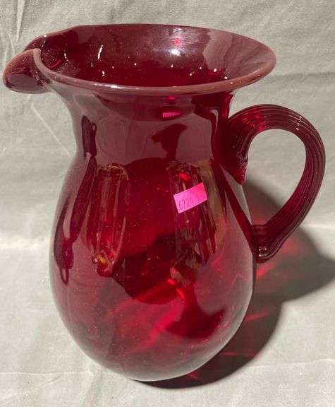 Handblown Red Glass Pitcher with Handle and Signed Base ‘Joe Deanor’, 9.5″