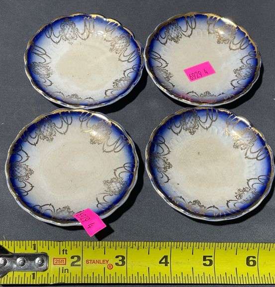 Four Porcelain Flow Blue Butter Pats, 6″