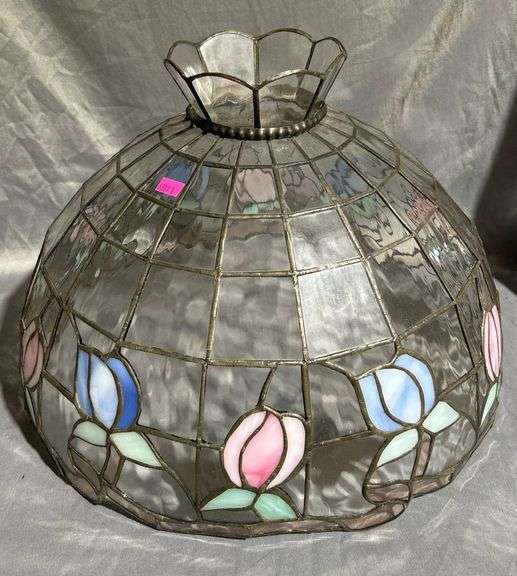 Stained Glass Light Fixture Shade With Floral Motif - there is a crack in the shade 16.5”x11.5”