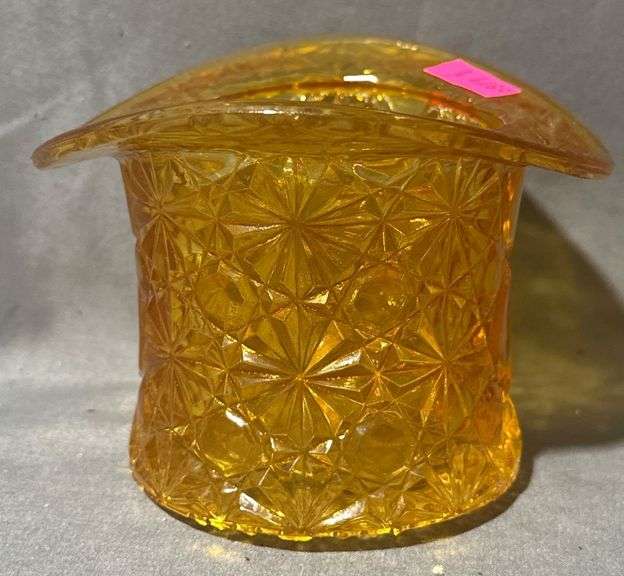 Amber-Colored Glass Top Hat Toothpick Holder with Starburst Pattern, 3” Tall