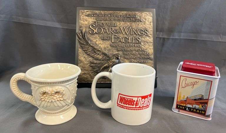 Religious Plaque, Two Mugs, and Chicago-Themed Tin